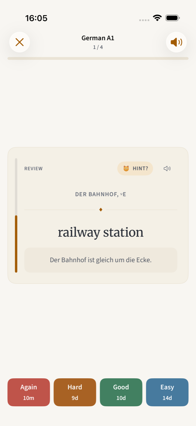 The MemoCat app showing a German card turned over, with its translation, an example sentence, and the four ways to rate how well it was remembered.